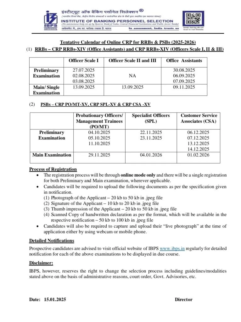 IBPS TENTATIVE CALENDAR 2025-26